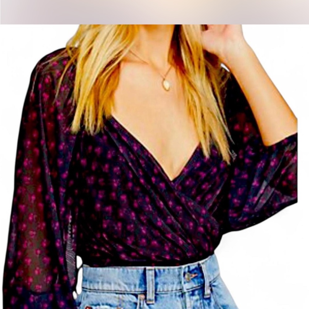 Free People Sweetie Pie Long Sleeve Wrap StylePink & Black Floral Blouse Size XS